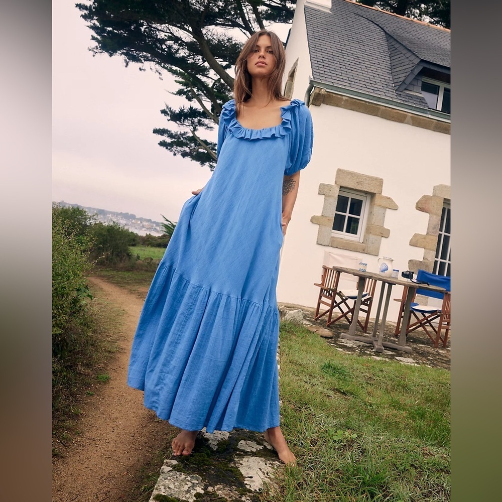 Free People Sky Blue Ruffle Square-Neck Midi Dress